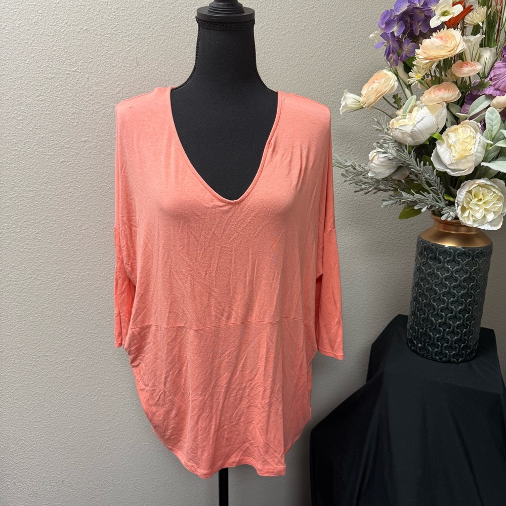 Umgee Coral Loose Fit V-Neck Oversized Dolman Sleeve Tunic Top Size M